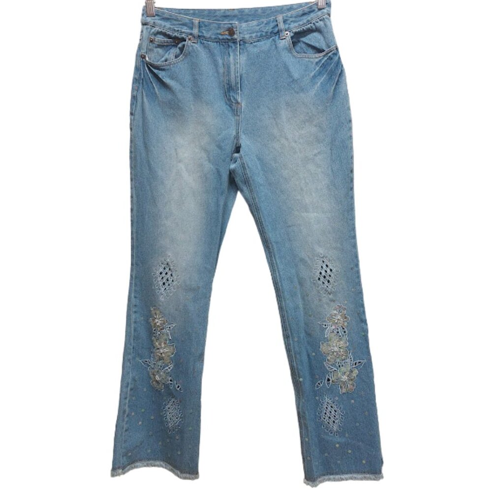 Together Jeans Womens Size 8 Straight Leg Embellished Sequin Light Wash Cut-Out
